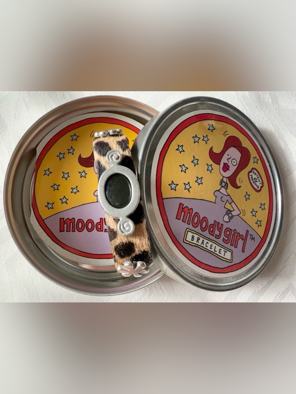 Mood Moody Girl Y2K Leopard Print Bracelet Cowhide Silver Accents with Tin Box